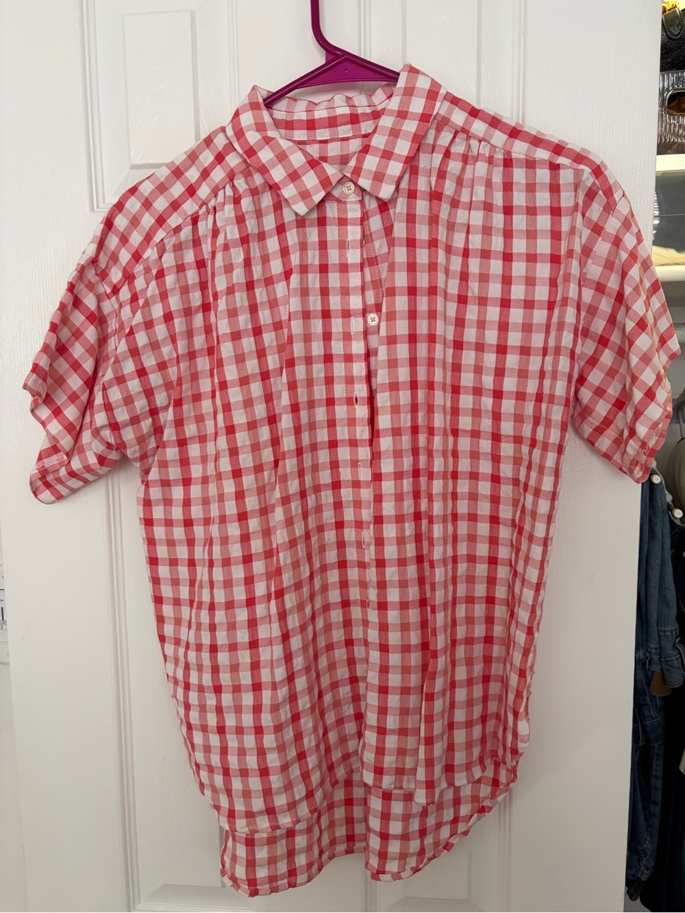 Red and White Gingham Button-Up Blouse